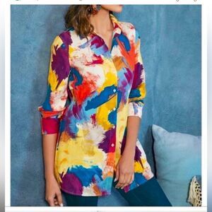 Soft Surroundings Painters Palette Colorful Abstract 100% Long Sleeve Button Up